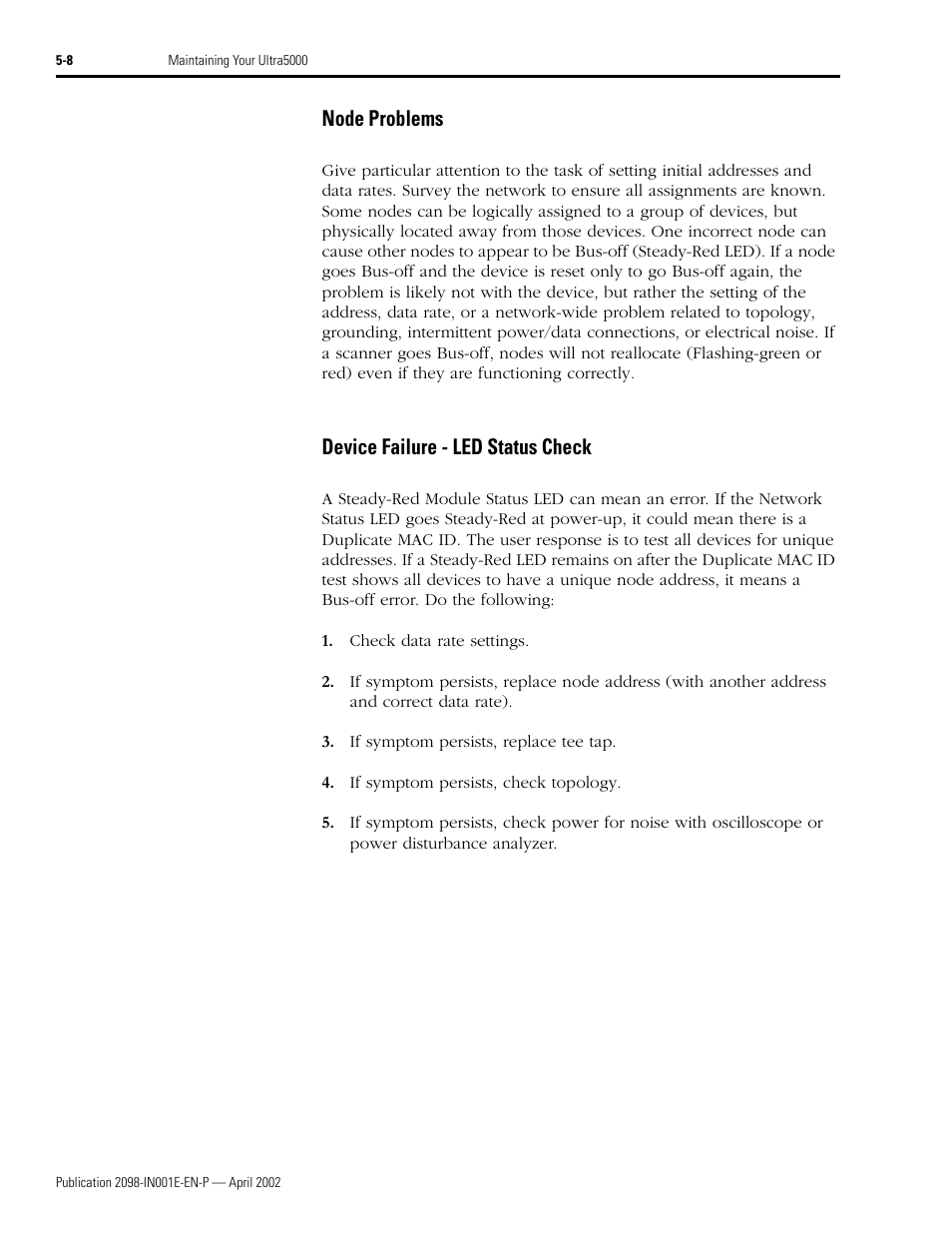 Node problems, Device failure - led status check | Rockwell Automation 2098-IPD-xxx Ultra5000 Intelligent Positioning Drives Installation Manual User Manual | Page 94 / 160