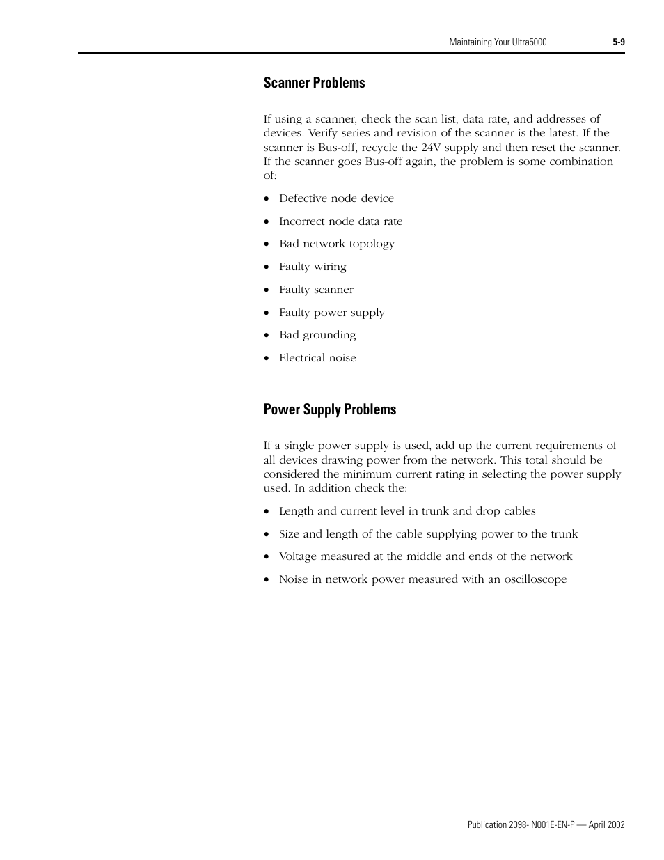 Scanner problems, Power supply problems, Scanner problems -9 power supply problems -9 | Rockwell Automation 2098-IPD-xxx Ultra5000 Intelligent Positioning Drives Installation Manual User Manual | Page 95 / 160