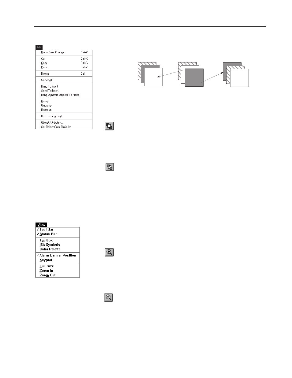 Stacking objects, Zooming in and out, Stacking objects zooming in and out | Rockwell Automation 2711-ND3 PanelBuilder v2.60 Software User Manual User Manual | Page 119 / 502