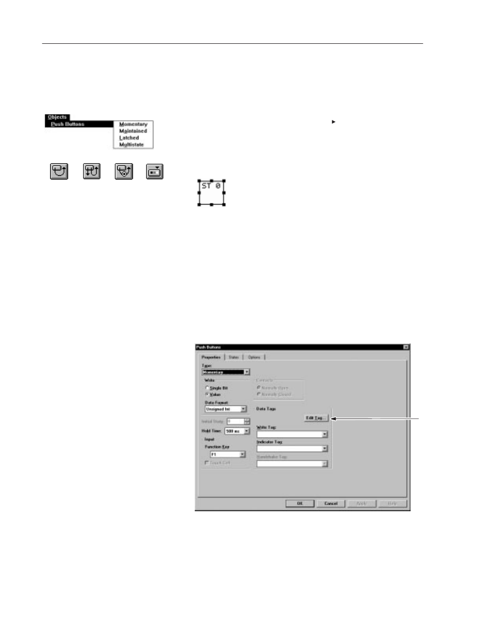 Creating push buttons, Setting properties of a push button | Rockwell Automation 2711-ND3 PanelBuilder v2.60 Software User Manual User Manual | Page 134 / 502