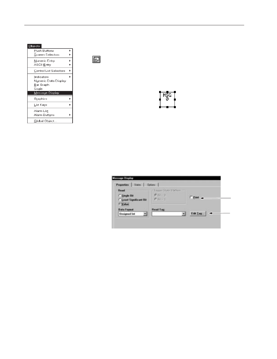 Creating a message display, Setting properties of a message display | Rockwell Automation 2711-ND3 PanelBuilder v2.60 Software User Manual User Manual | Page 210 / 502
