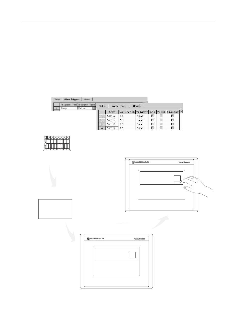 Alarm examples, Operator acknowledges alarm | Rockwell Automation 2711-ND3 PanelBuilder v2.60 Software User Manual User Manual | Page 250 / 502