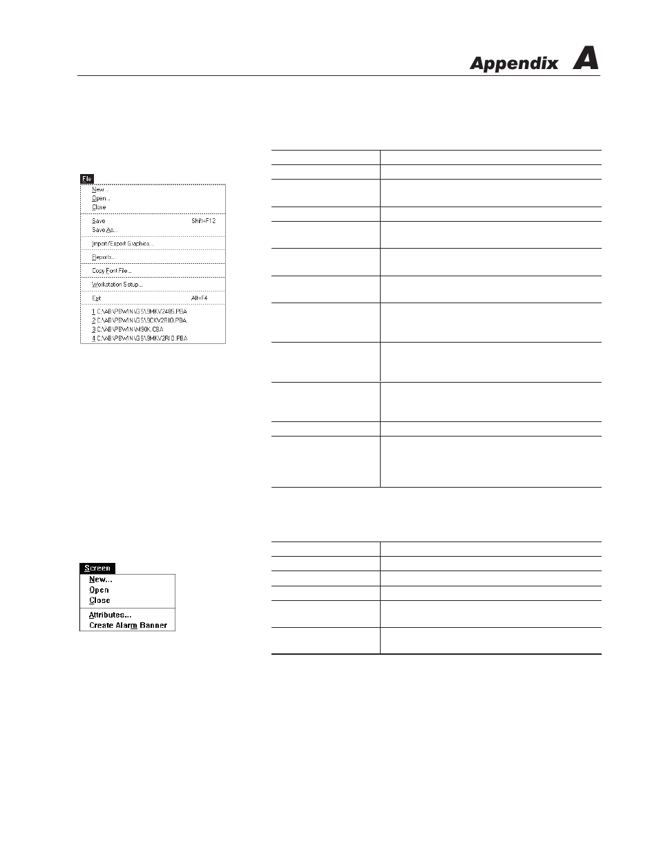 A - command summary, File menu, Screen menu | Command summary, Appendix, File menu screen menu | Rockwell Automation 2711-ND3 PanelBuilder v2.60 Software User Manual User Manual | Page 423 / 502