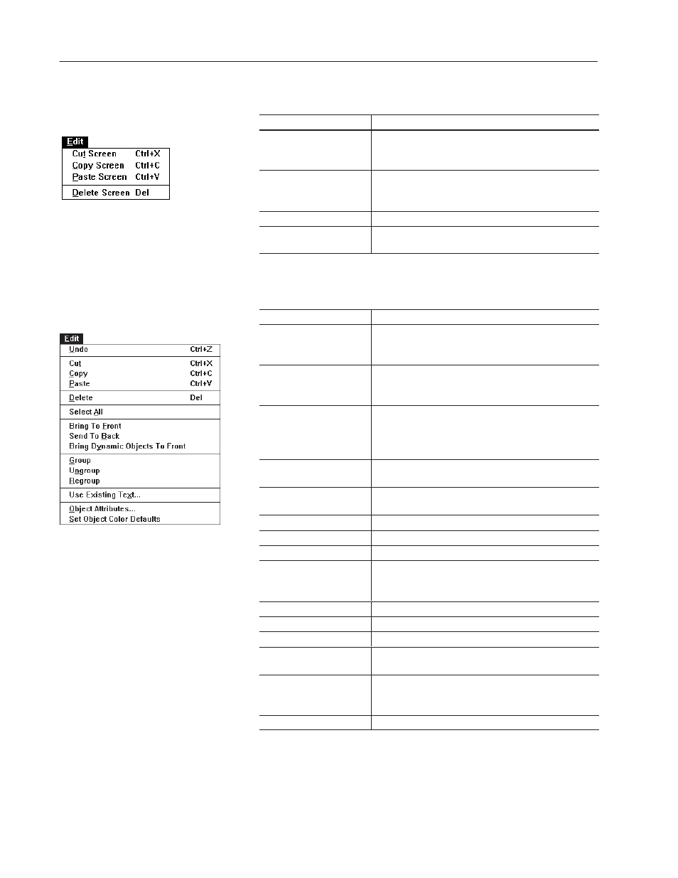 Edit screen menu, Edit objects menu, Edit screen menu edit objects menu | Rockwell Automation 2711-ND3 PanelBuilder v2.60 Software User Manual User Manual | Page 424 / 502