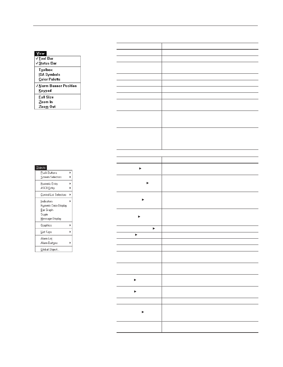 View menu, Objects menu, View menu objects menu | Rockwell Automation 2711-ND3 PanelBuilder v2.60 Software User Manual User Manual | Page 425 / 502