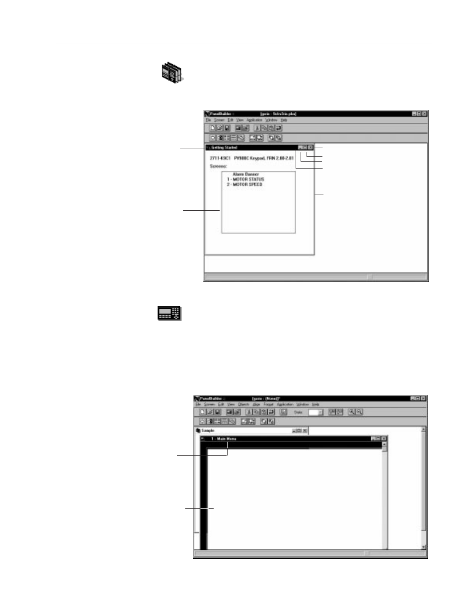 Application file window, Application screen window | Rockwell Automation 2711-ND3 PanelBuilder v2.60 Software User Manual User Manual | Page 75 / 502