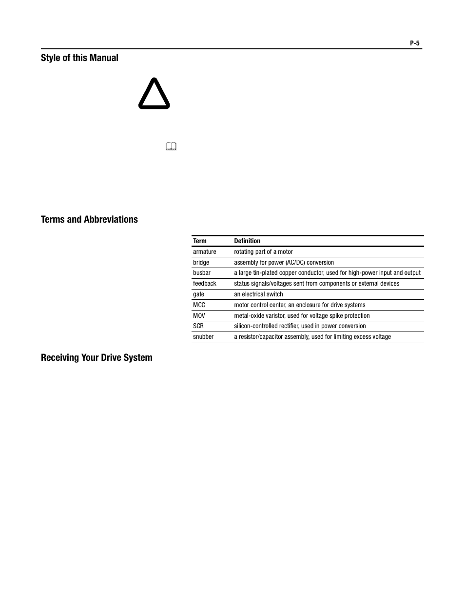 Style of this manual, Terms and abbreviations, Receiving your drive system | Rockwell Automation 1395 Digital DC Drive User Manual | Page 11 / 91