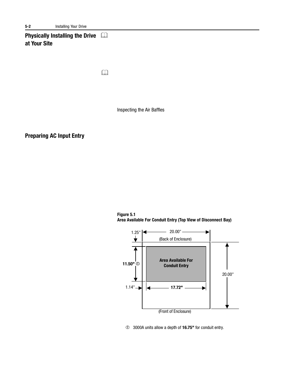 Physically installing the drive & at your site, Inspecting the air baffles, Preparing ac input entry | Physically installing the drive at your site -2, Inspecting the air baffles -2, Preparing ac input entry -2, Physically installing the drive, At your site | Rockwell Automation 1395 Digital DC Drive User Manual | Page 56 / 91