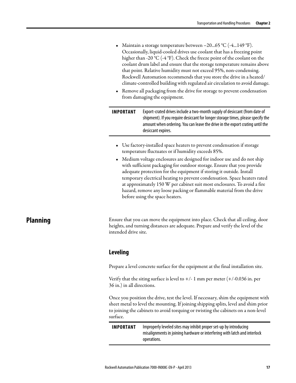 Planning, Leveling | Rockwell Automation 7000 PowerFlex Medium Voltage Air-Cooled (B Frame) Trans.& Handling - ForGe User Manual | Page 17 / 28