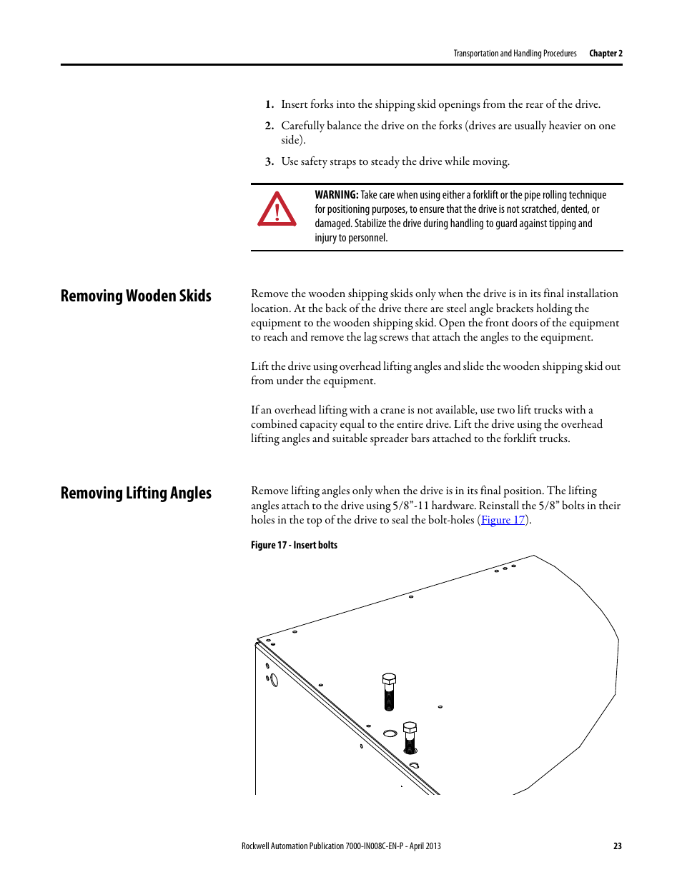 Removing wooden skids, Removing lifting angles, Removing wooden skids removing lifting angles | Rockwell Automation 7000 PowerFlex Medium Voltage Air-Cooled (B Frame) Trans.& Handling - ForGe User Manual | Page 23 / 28