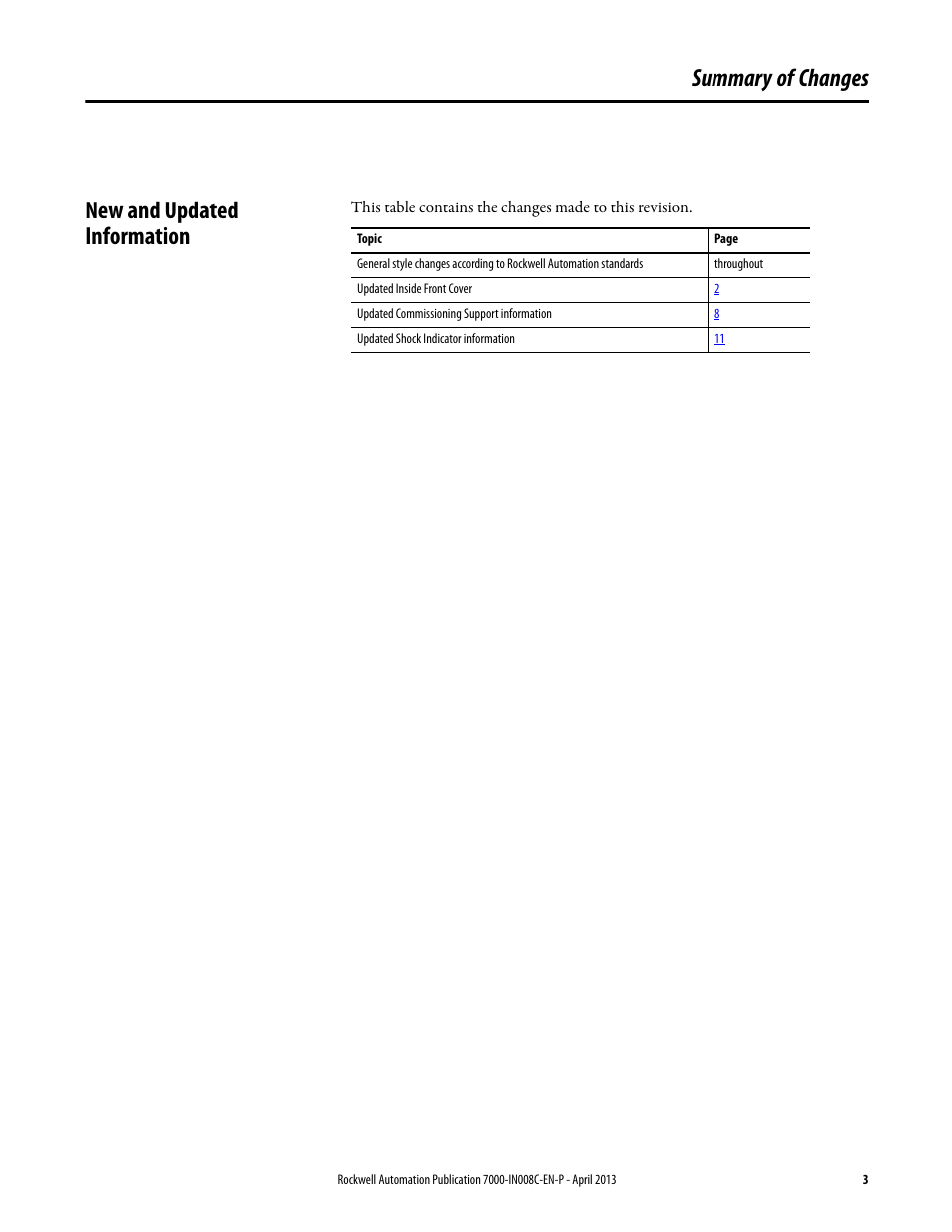 Summary of changes, Summary of changes new and updated information | Rockwell Automation 7000 PowerFlex Medium Voltage Air-Cooled (B Frame) Trans.& Handling - ForGe User Manual | Page 3 / 28