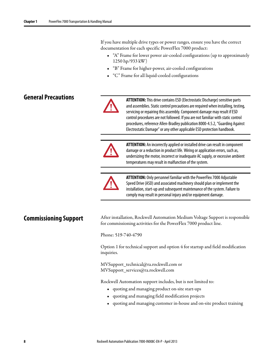 General precautions, Commissioning support, General precautions commissioning support | Rockwell Automation 7000 PowerFlex Medium Voltage Air-Cooled (B Frame) Trans.& Handling - ForGe User Manual | Page 8 / 28