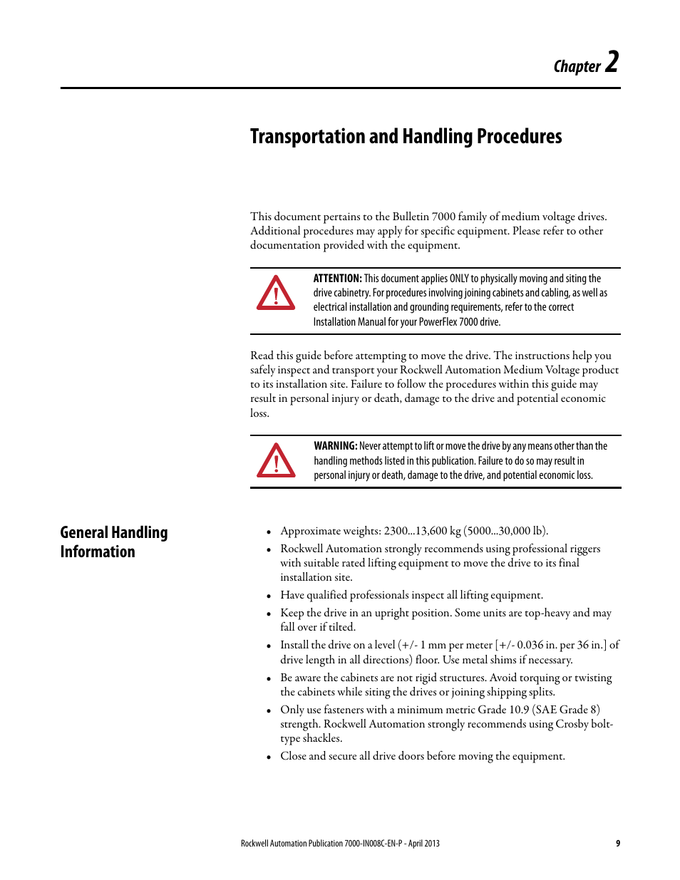 2 - transportation and handling procedures, General handling information, Chapter 2 | Transportation and handling procedures, Chapter | Rockwell Automation 7000 PowerFlex Medium Voltage Air-Cooled (B Frame) Trans.& Handling - ForGe User Manual | Page 9 / 28