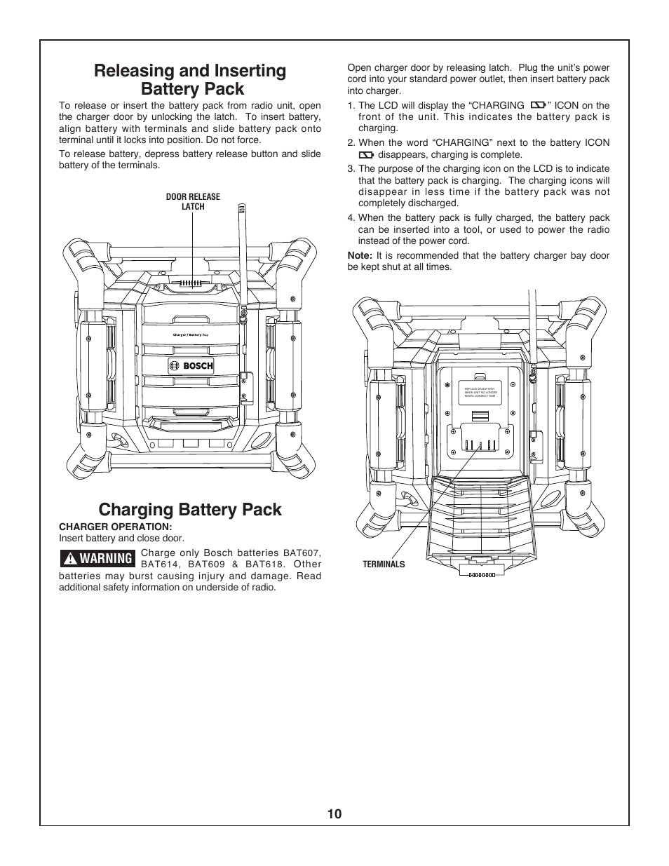 Releasing and inserting battery pack, Charging battery pack | Bosch BOSCH PB360S User Manual | Page 10 / 40