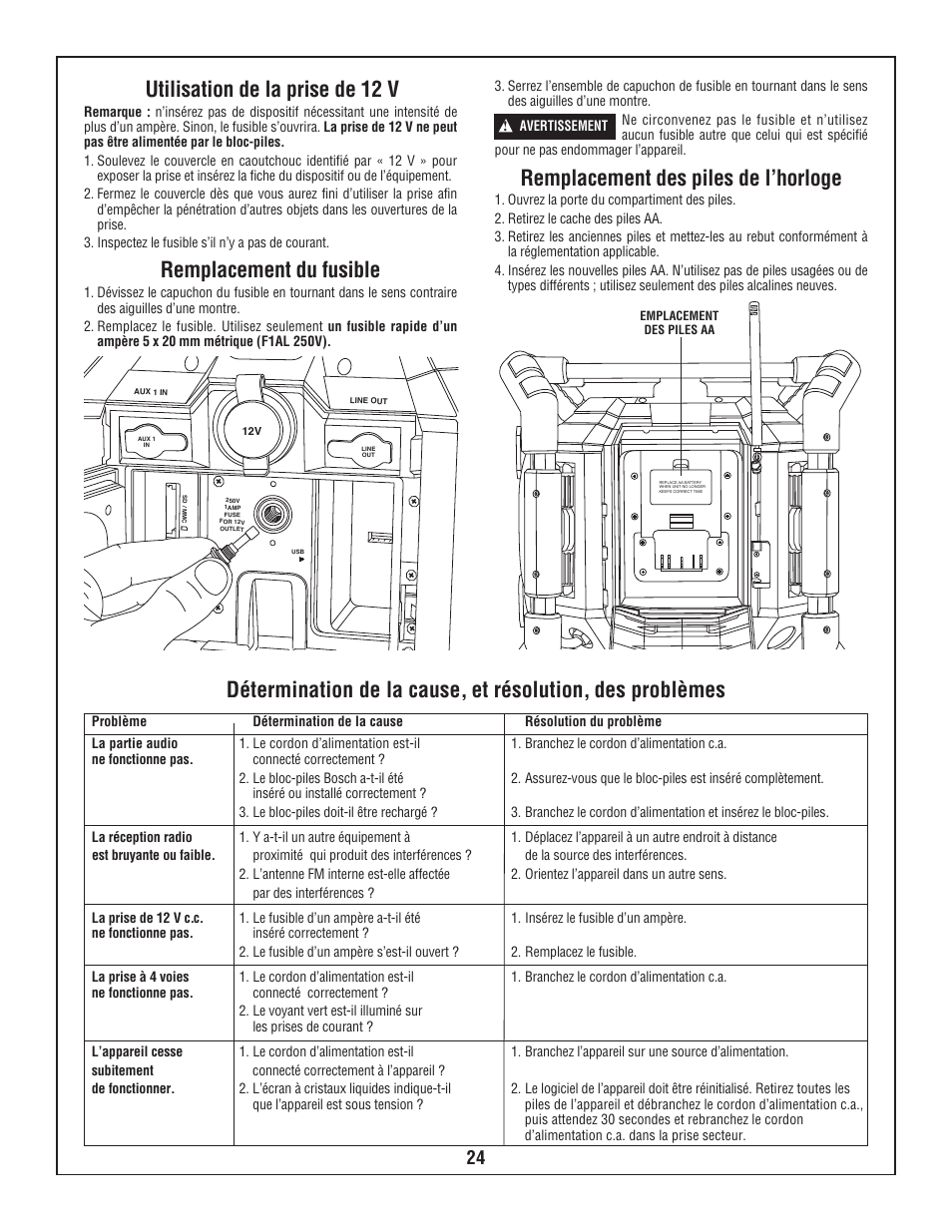 Utilisation de la prise de 12 v, Remplacement du fusible, Remplacement des piles de l’horloge | Bosch BOSCH PB360S User Manual | Page 24 / 40