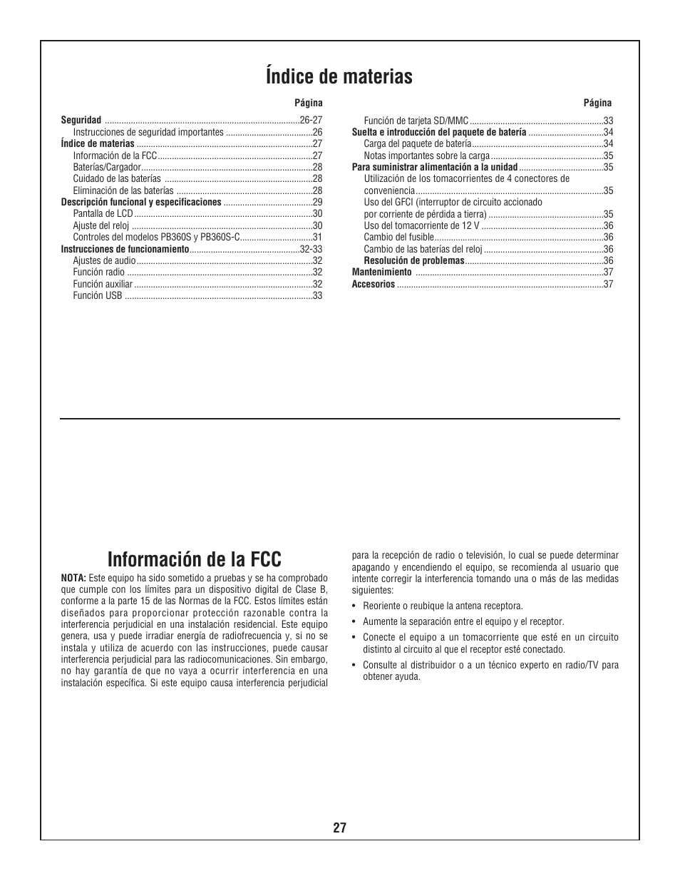 Índice de materias, Información de la fcc | Bosch BOSCH PB360S User Manual | Page 27 / 40
