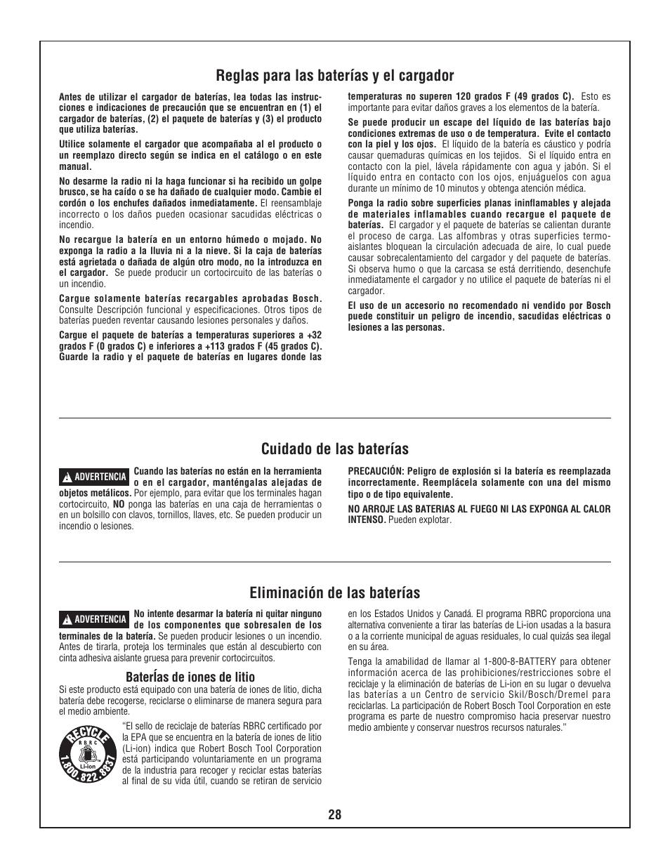 Reglas para las baterías y el cargador | Bosch BOSCH PB360S User Manual | Page 28 / 40