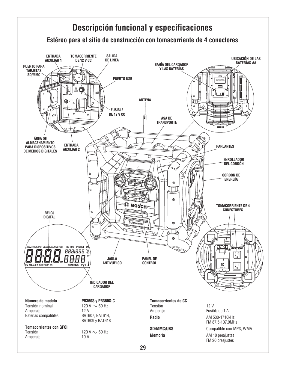 Descripción funcional y especificaciones | Bosch BOSCH PB360S User Manual | Page 29 / 40