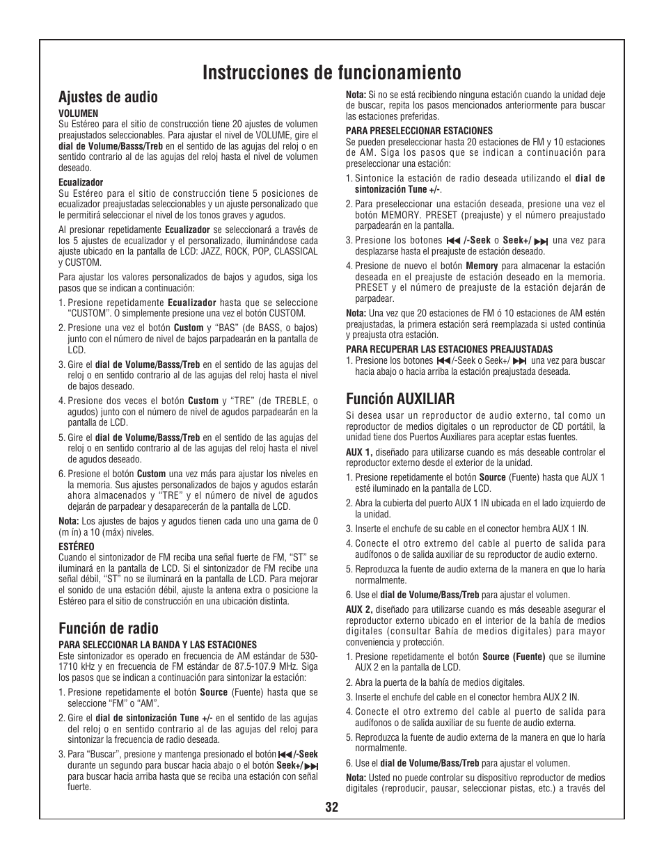 Instrucciones de funcionamiento, Ajustes de audio, Función de radio | Función auxiliar | Bosch BOSCH PB360S User Manual | Page 32 / 40