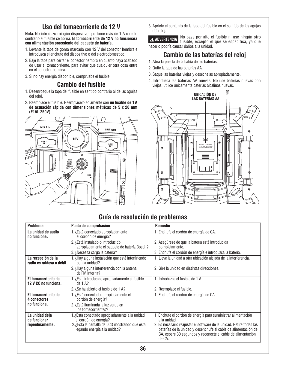 Uso del tomacorriente de 12 v, Cambio del fusible, Cambio de las baterías del reloj | Guía de resolución de problemas | Bosch BOSCH PB360S User Manual | Page 36 / 40