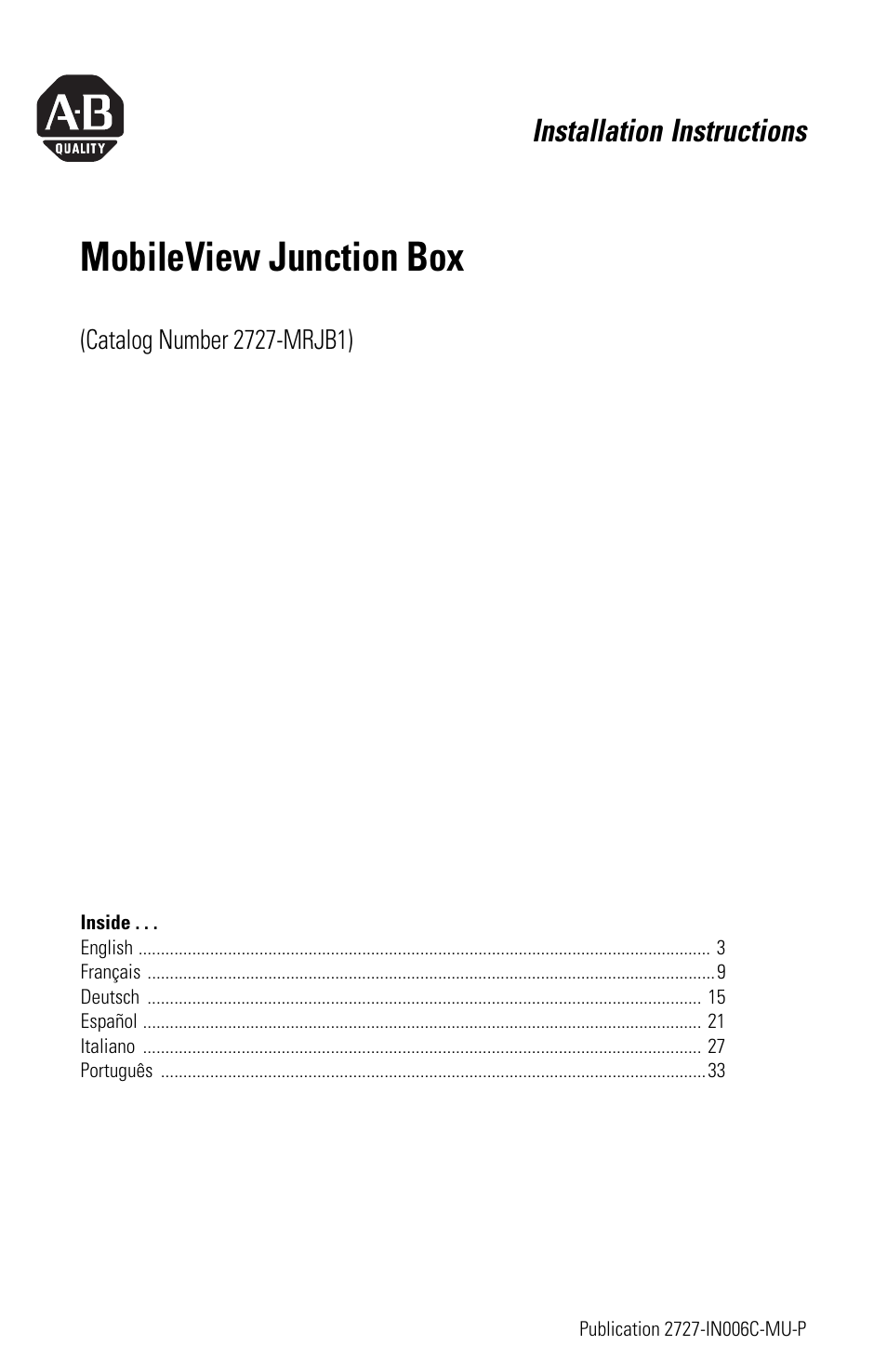 Rockwell Automation 2727-MRJB1 MobileView Junction Box Installation Instructions User Manual | 40 pages