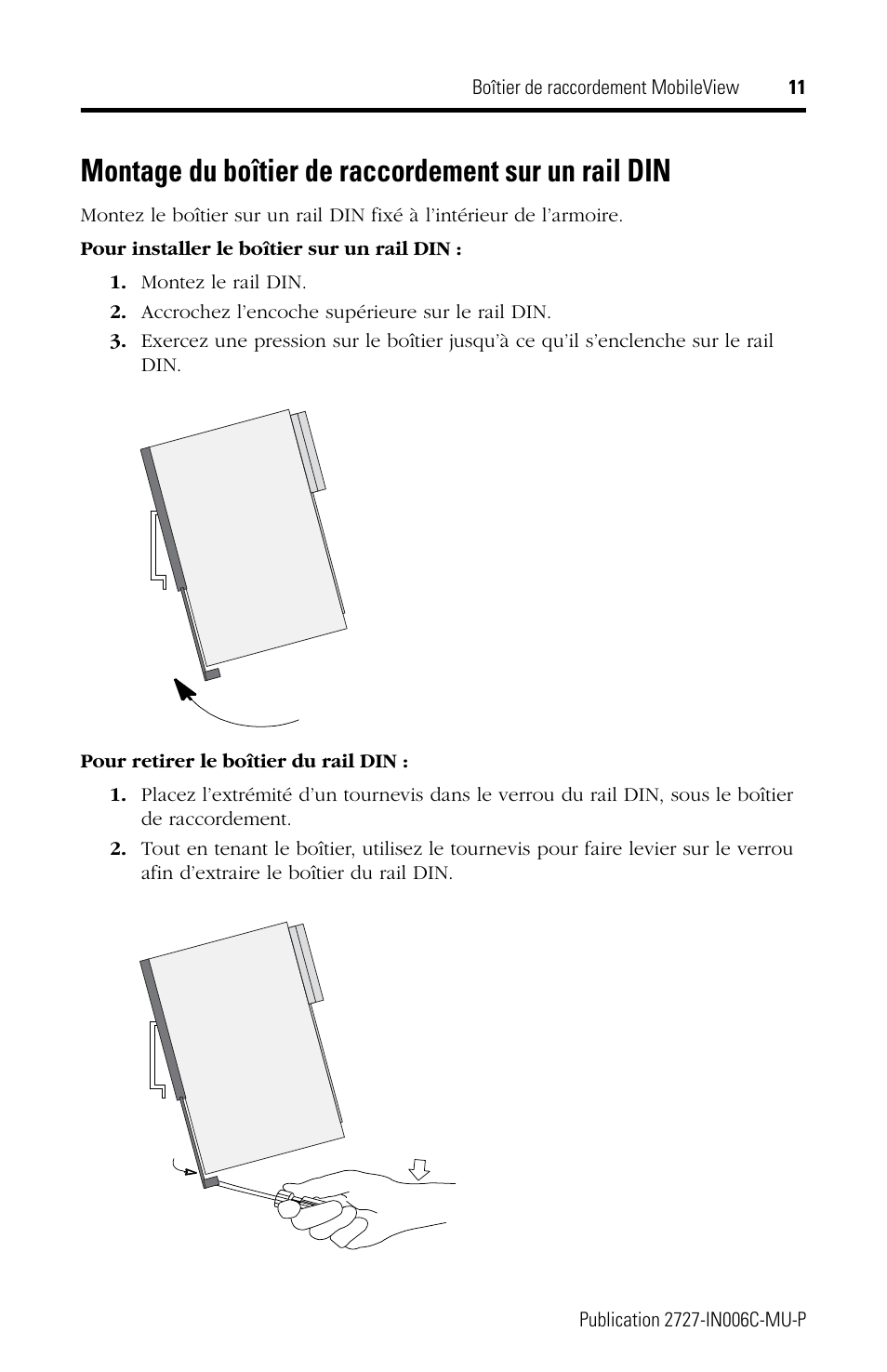 Montage du boîtier de raccordement sur un rail din | Rockwell Automation 2727-MRJB1 MobileView Junction Box Installation Instructions User Manual | Page 11 / 40