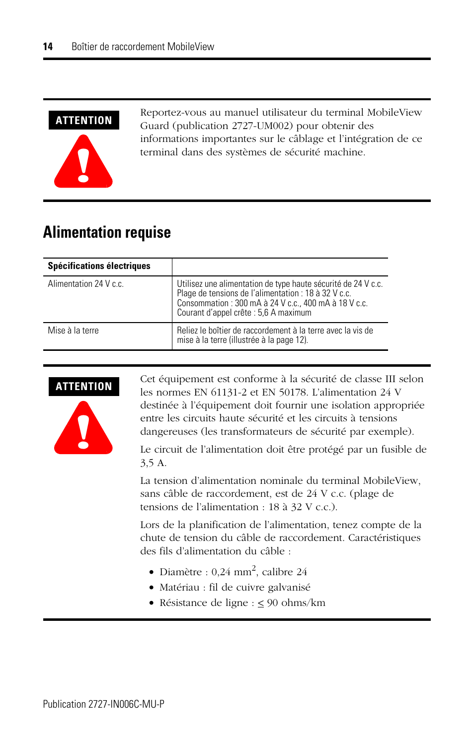 Alimentation requise | Rockwell Automation 2727-MRJB1 MobileView Junction Box Installation Instructions User Manual | Page 14 / 40