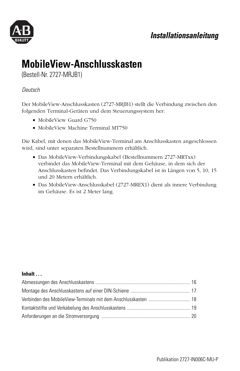 Deutsch, Mobileview-anschlusskasten, Installationsanleitung | Rockwell Automation 2727-MRJB1 MobileView Junction Box Installation Instructions User Manual | Page 15 / 40