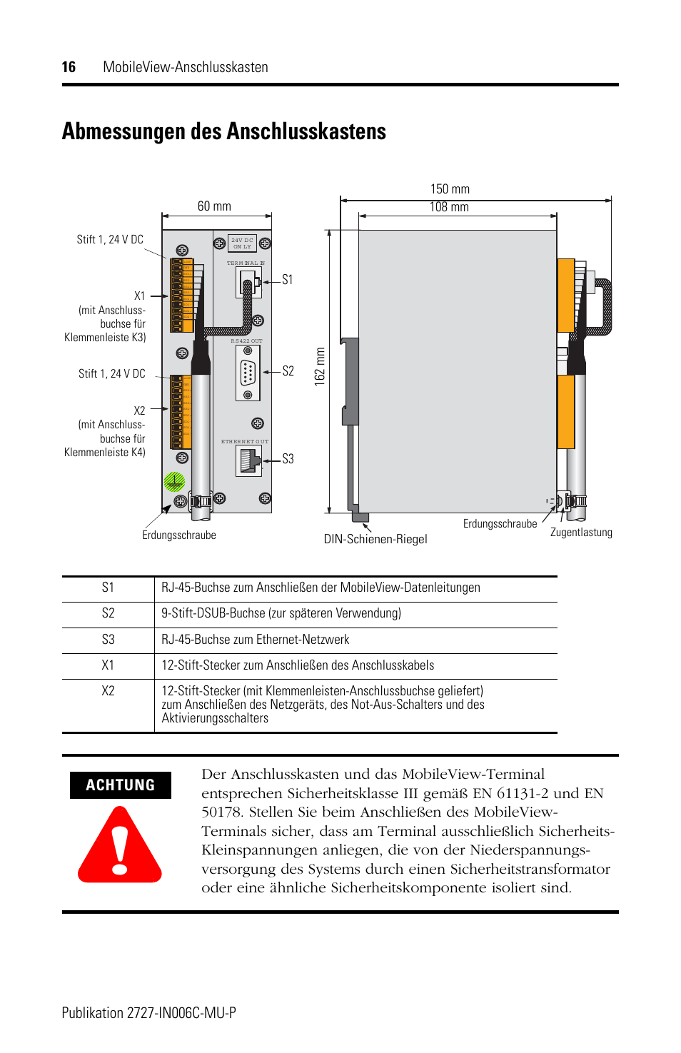 Abmessungen des anschlusskastens, Achtung, 150 mm | Rockwell Automation 2727-MRJB1 MobileView Junction Box Installation Instructions User Manual | Page 16 / 40