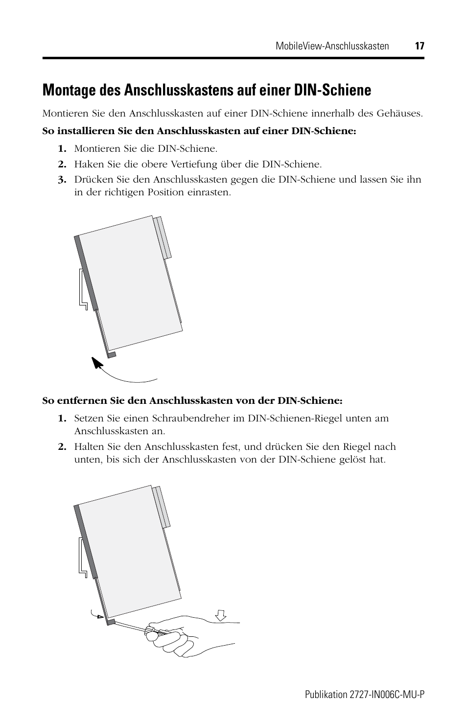Montage des anschlusskastens auf einer din-schiene | Rockwell Automation 2727-MRJB1 MobileView Junction Box Installation Instructions User Manual | Page 17 / 40