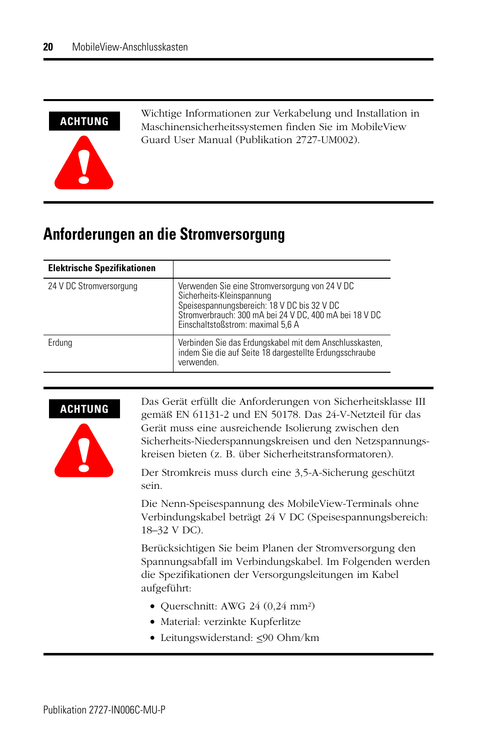 Anforderungen an die stromversorgung | Rockwell Automation 2727-MRJB1 MobileView Junction Box Installation Instructions User Manual | Page 20 / 40