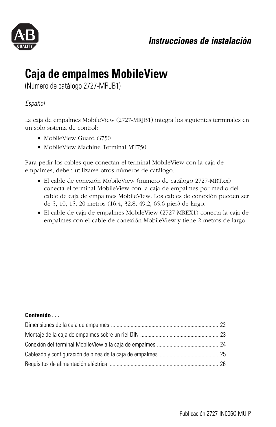 Español, Caja de empalmes mobileview, Instrucciones de instalación | Rockwell Automation 2727-MRJB1 MobileView Junction Box Installation Instructions User Manual | Page 21 / 40