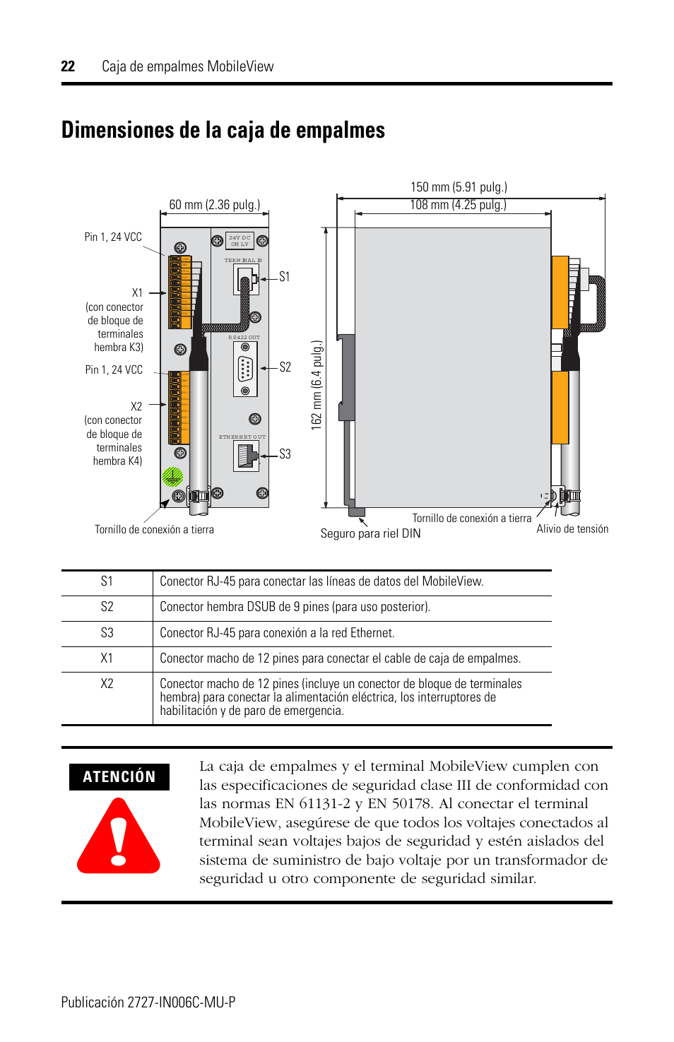 Dimensiones de la caja de empalmes, Atención | Rockwell Automation 2727-MRJB1 MobileView Junction Box Installation Instructions User Manual | Page 22 / 40