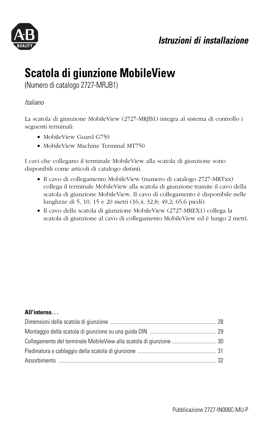 Italiano, Scatola di giunzione mobileview, Istruzioni di installazione | Rockwell Automation 2727-MRJB1 MobileView Junction Box Installation Instructions User Manual | Page 27 / 40
