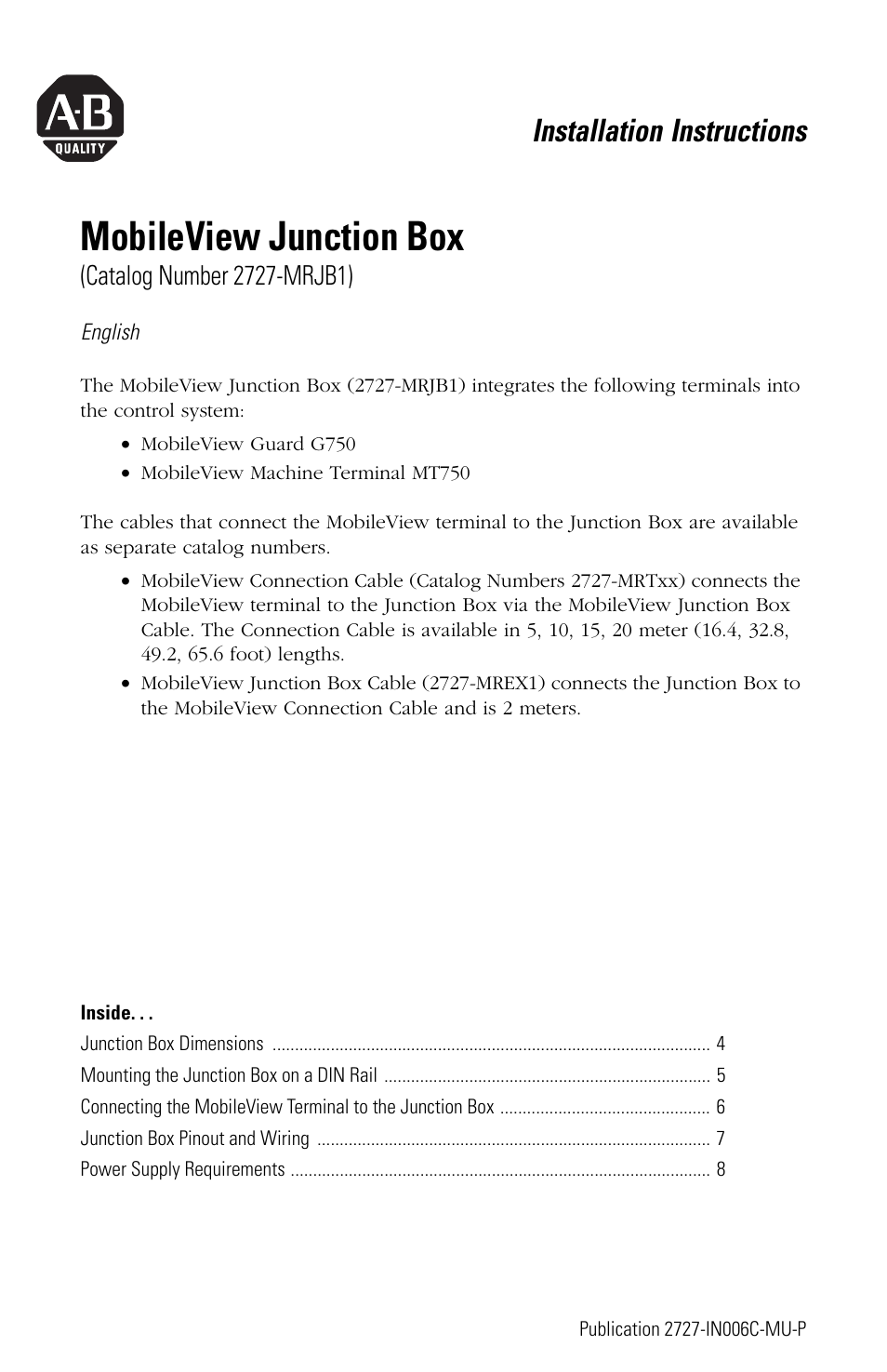 English, Mobileview junction box, Installation instructions | Rockwell Automation 2727-MRJB1 MobileView Junction Box Installation Instructions User Manual | Page 3 / 40