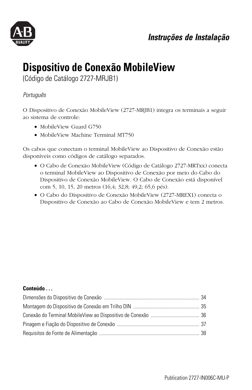 Português, Dispositivo de conexão mobileview, Instruções de instalação | Rockwell Automation 2727-MRJB1 MobileView Junction Box Installation Instructions User Manual | Page 33 / 40
