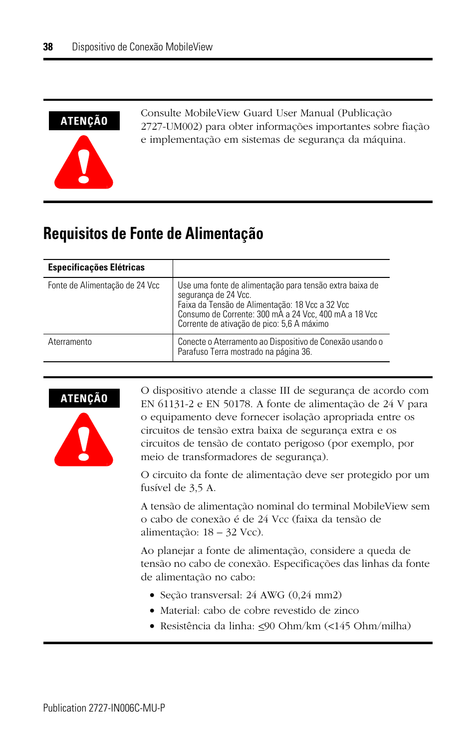 Requisitos de fonte de alimentação | Rockwell Automation 2727-MRJB1 MobileView Junction Box Installation Instructions User Manual | Page 38 / 40