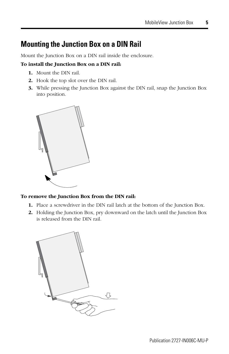 Mounting the junction box on a din rail | Rockwell Automation 2727-MRJB1 MobileView Junction Box Installation Instructions User Manual | Page 5 / 40