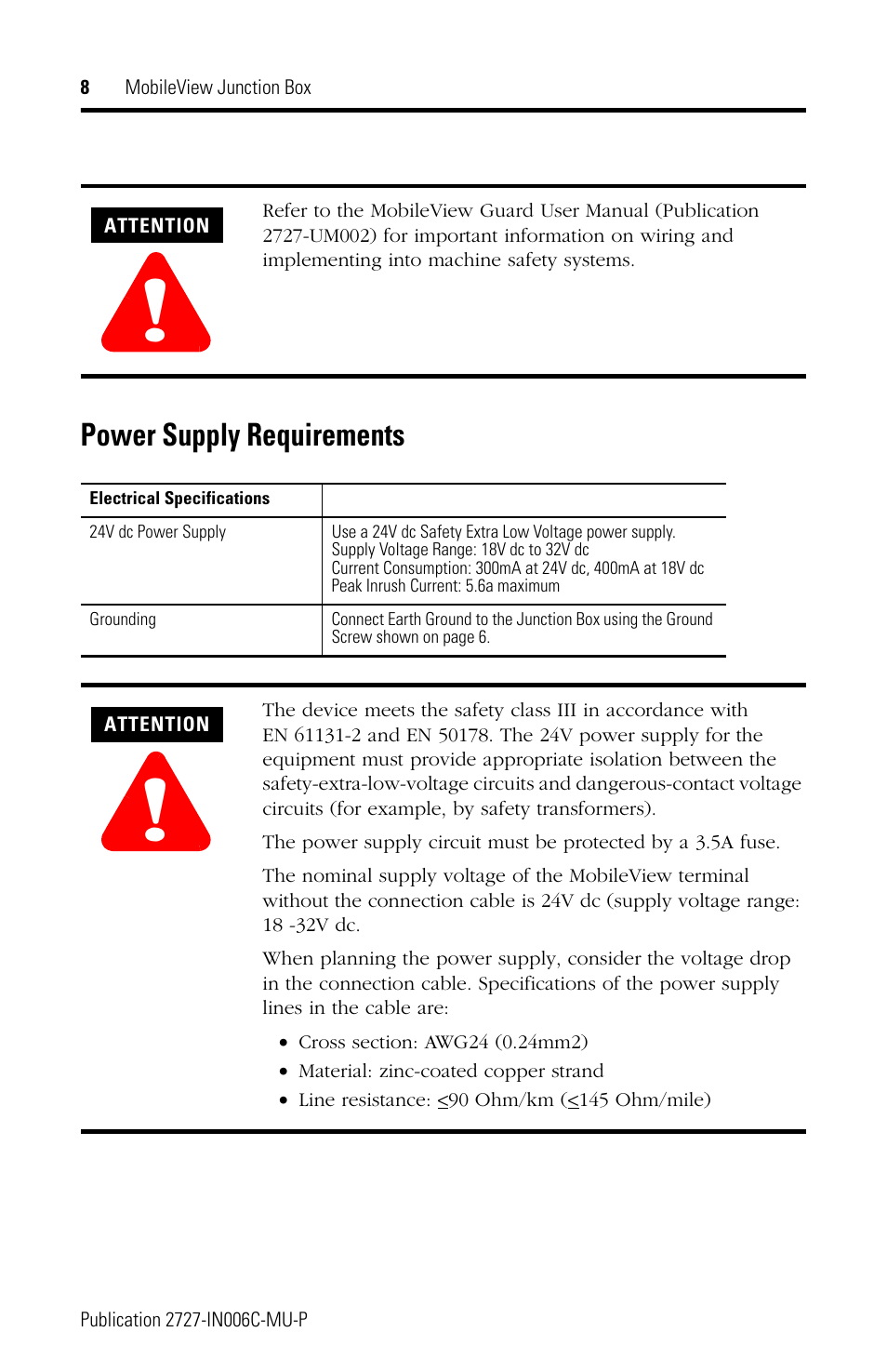 Power supply requirements | Rockwell Automation 2727-MRJB1 MobileView Junction Box Installation Instructions User Manual | Page 8 / 40