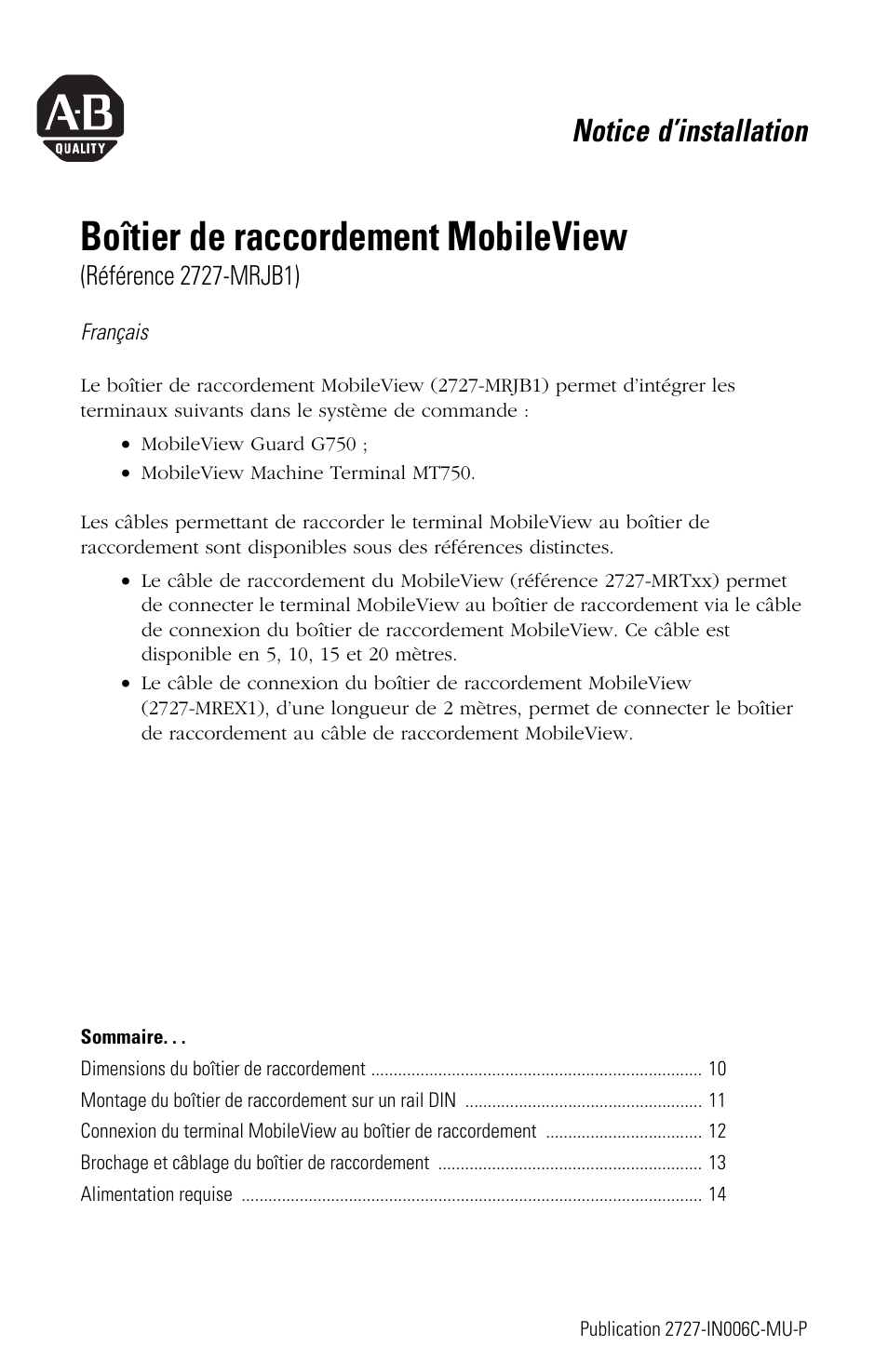 Français, Boîtier de raccordement mobileview, Notice d’installation | Rockwell Automation 2727-MRJB1 MobileView Junction Box Installation Instructions User Manual | Page 9 / 40