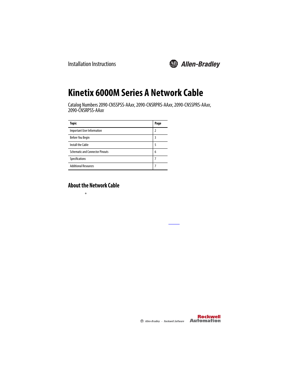 Rockwell Automation 2090-CNSxxx Kinetix 6000M Series A Network Communication Cable Installation Instructions User Manual | 8 pages