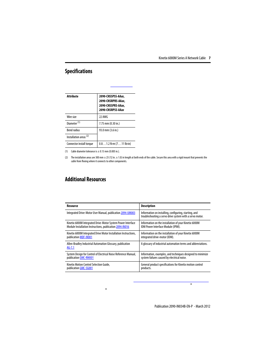 Specifications, Additional resources, Specifications 7 | Rockwell Automation 2090-CNSxxx Kinetix 6000M Series A Network Communication Cable Installation Instructions User Manual | Page 7 / 8