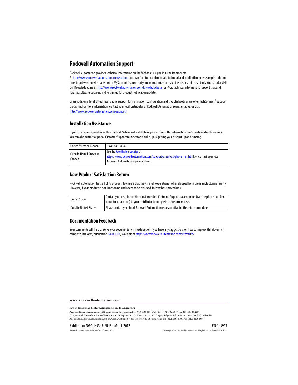 Rockwell automation support, Installation assistance, New product satisfaction return | Documentation feedback | Rockwell Automation 2090-CNSxxx Kinetix 6000M Series A Network Communication Cable Installation Instructions User Manual | Page 8 / 8