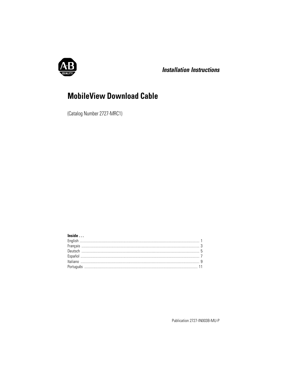 Rockwell Automation 2727-MRC1 MobileView Download Cable Installation Instructions User Manual | 16 pages