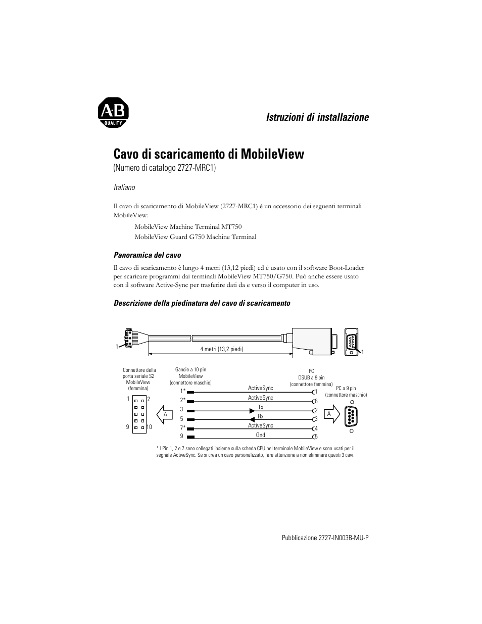 Italiano, Cavo di scaricamento di mobileview, Istruzioni di installazione | Rockwell Automation 2727-MRC1 MobileView Download Cable Installation Instructions User Manual | Page 11 / 16