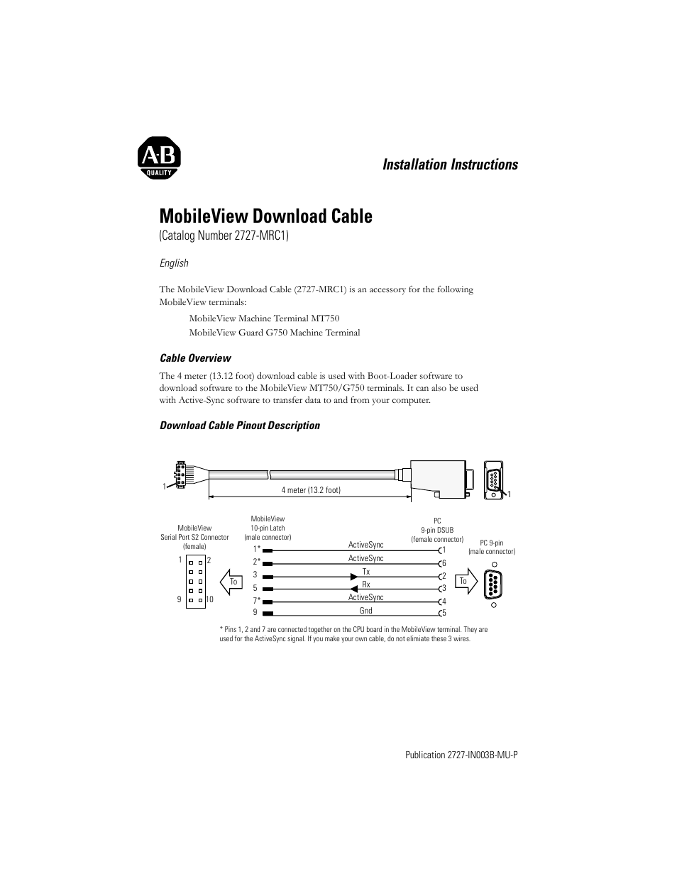 English, Mobileview download cable, Installation instructions | Rockwell Automation 2727-MRC1 MobileView Download Cable Installation Instructions User Manual | Page 3 / 16