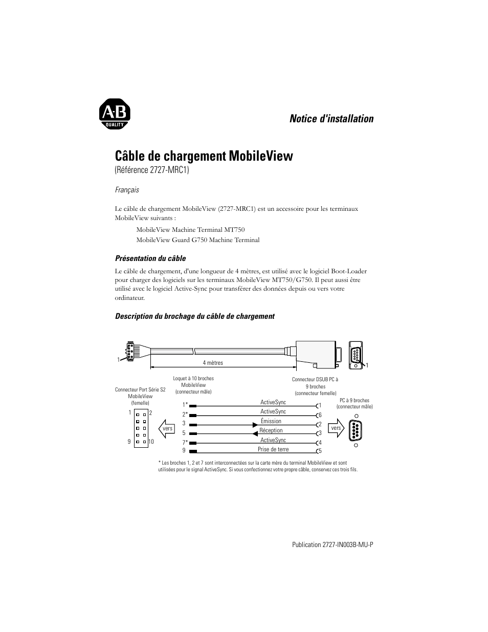 Français, Câble de chargement mobileview, Notice d'installation | Rockwell Automation 2727-MRC1 MobileView Download Cable Installation Instructions User Manual | Page 5 / 16
