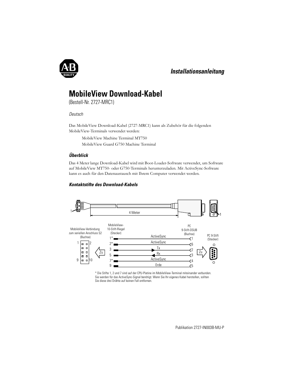 Deutsch, Mobileview download-kabel, Installationsanleitung | Rockwell Automation 2727-MRC1 MobileView Download Cable Installation Instructions User Manual | Page 7 / 16