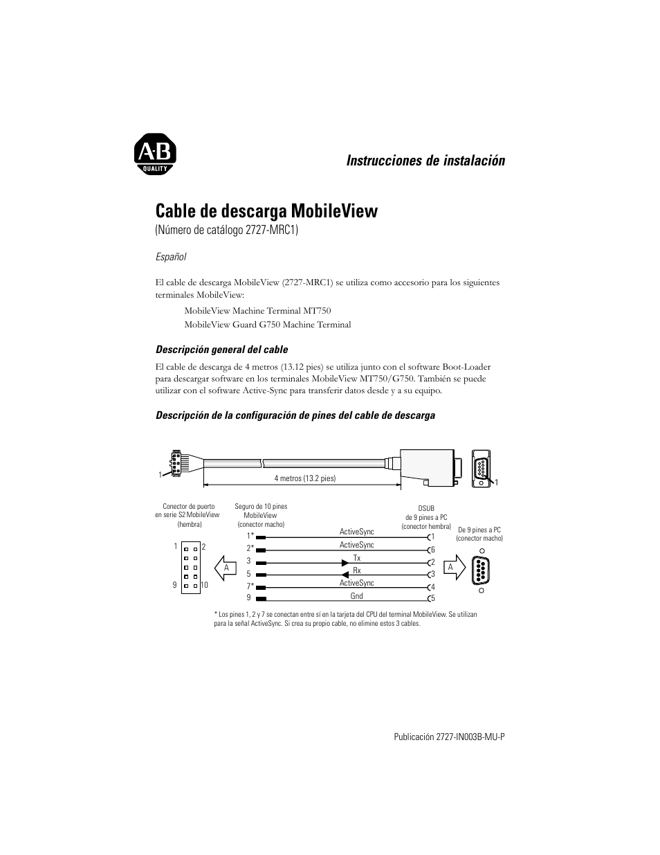 Español, Cable de descarga mobileview, Instrucciones de instalación | Rockwell Automation 2727-MRC1 MobileView Download Cable Installation Instructions User Manual | Page 9 / 16