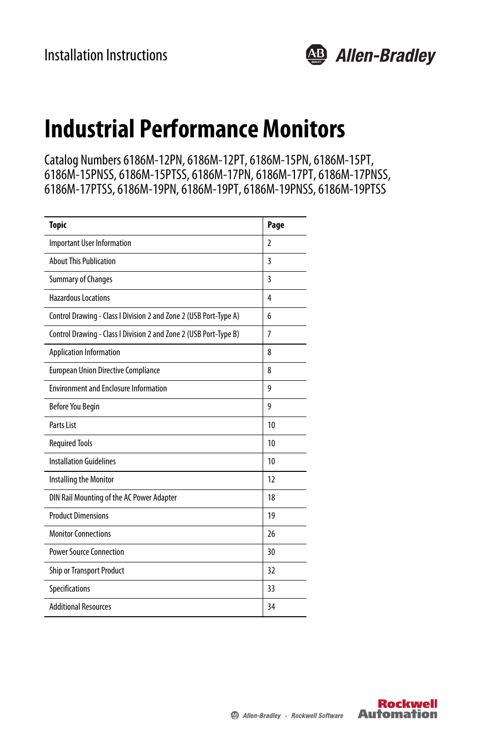 Rockwell Automation 6186M-xxxx Industrial Performance Monitors Installation Instructions User Manual | 36 pages
